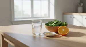 A glass of water, a small white dish of capsules, a bowl of leafy greens and a halved orange on a wooden kitchen table in morning light