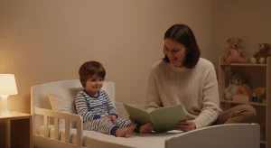 A parent sitting on the edge of a toddler bed reading a picture book to a 4 year old in pajamas by lamplight.