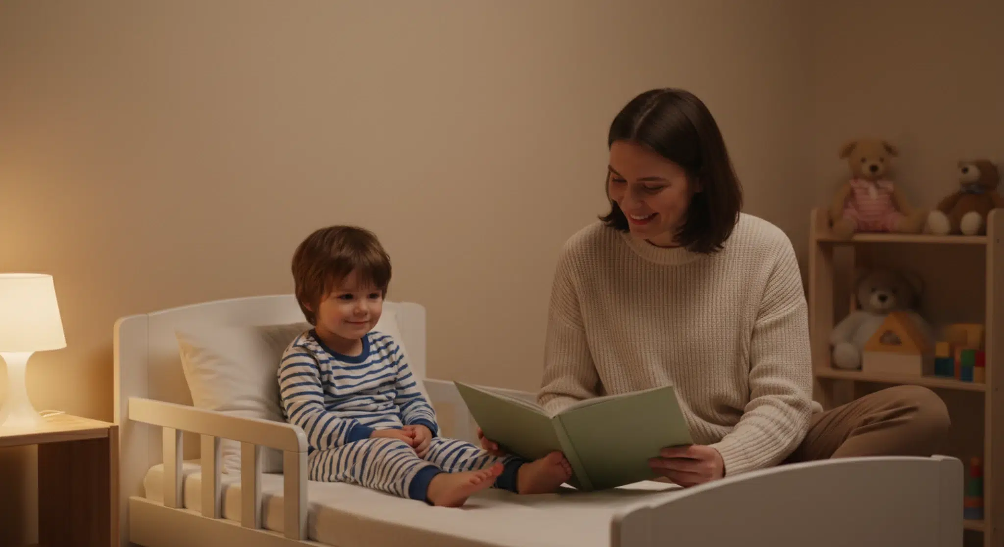 Preschooler Sleep Real Help for 3 to 6 Year Olds not Just Babies | Betteroo A parent sitting on the edge of a toddler bed reading a picture book to a 4 year old in pajamas by lamplight.