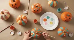 Small pumpkins painted with friendly faces, polka dots and stripes drying on a kraft paper covered table while a child's hands hold a paintbrush