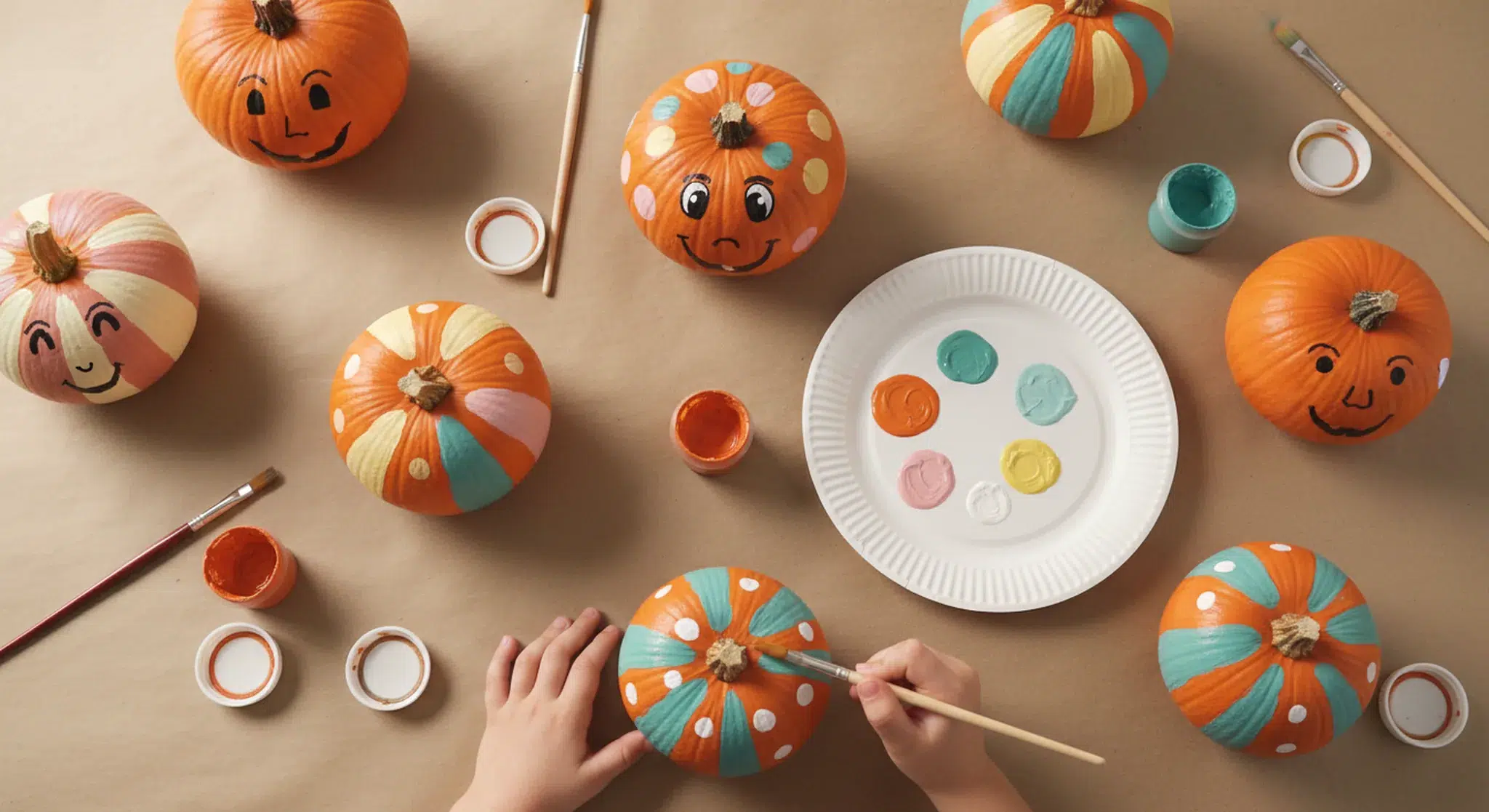 Small pumpkins painted with friendly faces, polka dots and stripes drying on a kraft paper covered table while a child's hands hold a paintbrush