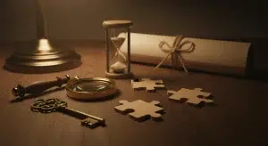 An antique brass key, a magnifying glass, a small hourglass, three plain wooden puzzle pieces and a rolled blank parchment tied with twine on a dark wooden desk in warm lamp light