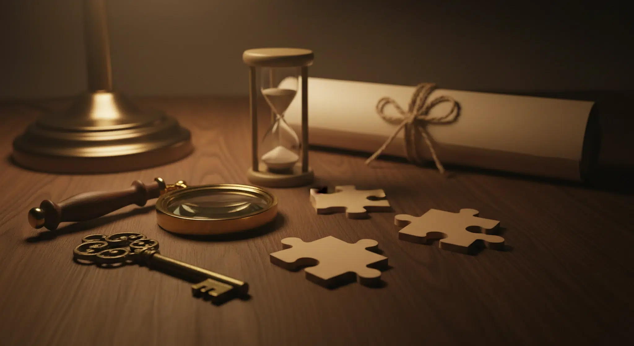 An antique brass key, a magnifying glass, a small hourglass, three plain wooden puzzle pieces and a rolled blank parchment tied with twine on a dark wooden desk in warm lamp light