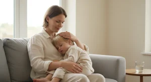 Parent on a sofa gently touching the forehead of a sleepy toddler in cotton pajamas resting on their lap, with a glass of water nearby