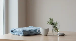 A white porcelain teacup, a pine sprig in a glass, a gray stone and a folded light-blue knit baby blanket on a pale wooden table in soft winter light