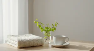 A white porcelain teacup, a sprig of birch leaves in a glass and a folded cream knit baby blanket on a pale wooden table in soft winter light