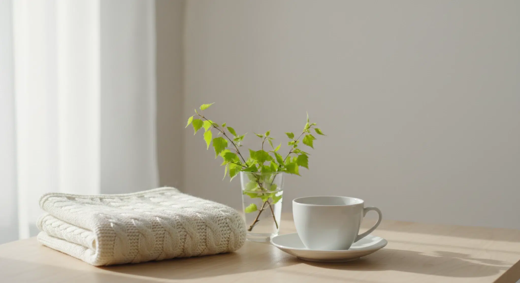 A white porcelain teacup, a sprig of birch leaves in a glass and a folded cream knit baby blanket on a pale wooden table in soft winter light