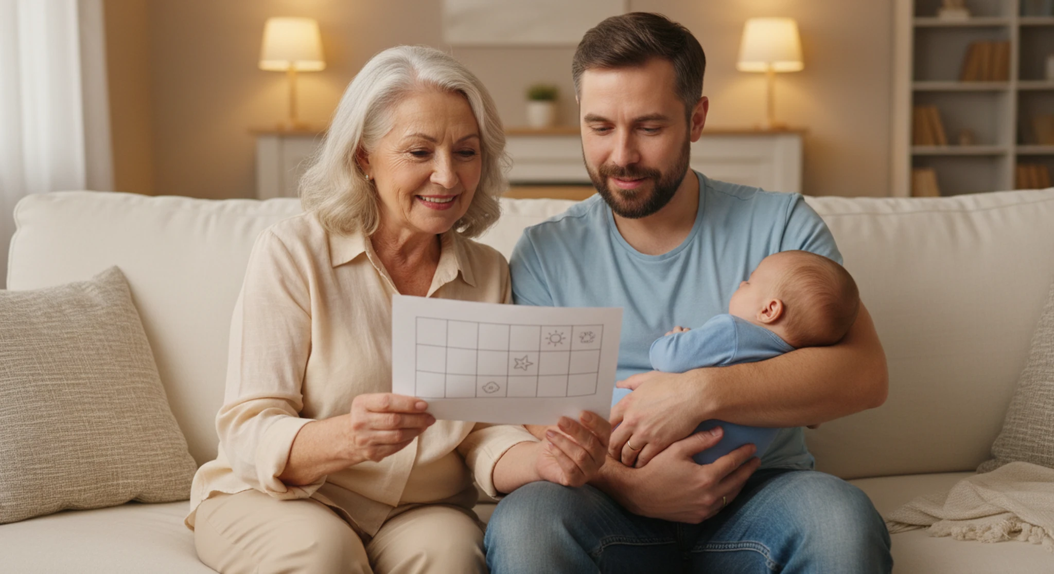 A grandmother and a dad holding a baby sit on a sofa reviewing a sleep routine sheet together.