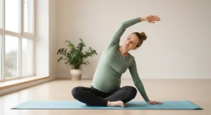 Pregnant woman in a sage-green top doing a gentle seated stretch on a yoga mat in a bright room