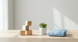 Three plain wooden blocks, a small potted succulent and a folded sky-blue knit baby sweater on a pale birch table