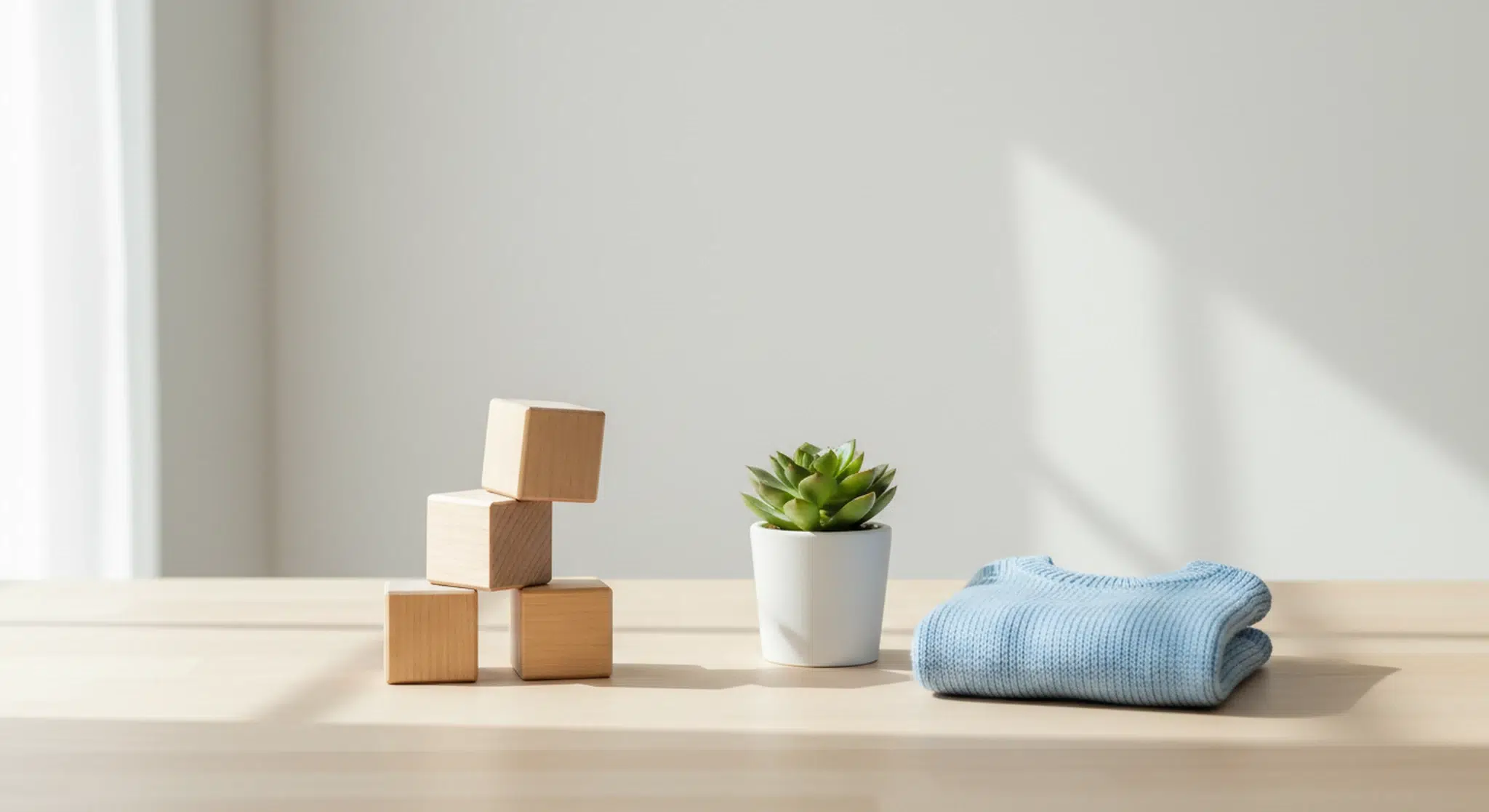 Short Boy Names 143 Short and Sweet Names 3 and 4 Letters | Betteroo Three plain wooden blocks, a small potted succulent and a folded sky-blue knit baby sweater on a pale birch table