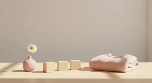 Short Girl Names 134 Short and Sweet Names 3 and 4 Letters | Betteroo Pink vase with a white daisy on a light wooden table, next to wooden blocks and a folded pink knit sweater against a beige wall.