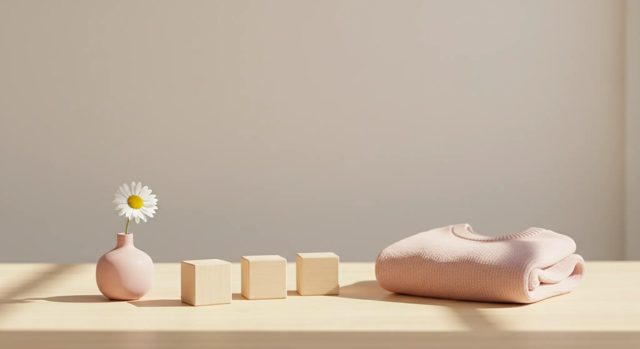 Pink vase with a white daisy on a light wooden table, next to wooden blocks and a folded pink knit sweater against a beige wall.
