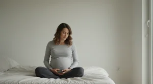 Pregnant woman sitting on a bed holding a phone in her lap, looking down thoughtfully