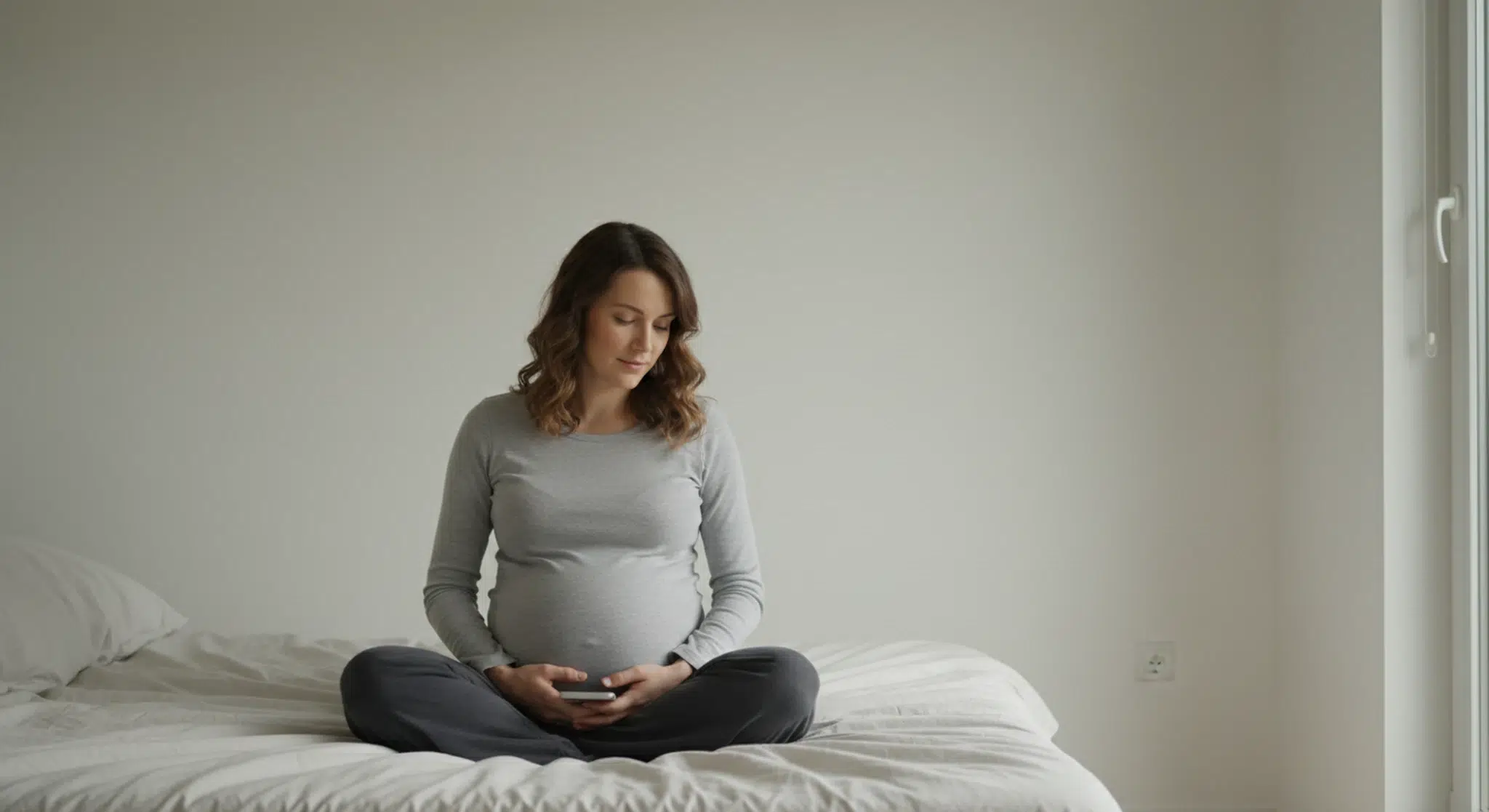 Pregnant woman sitting on a bed holding a phone in her lap, looking down thoughtfully