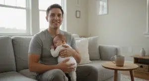 Tired but smiling father sitting on a sofa at dawn holding his sleeping baby upright against his chest, with a coffee mug on the side table.