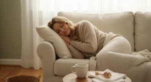A tired mother napping on a sofa under a cream knit blanket, with a mug, muslin cloth and wooden baby rattle on the side table