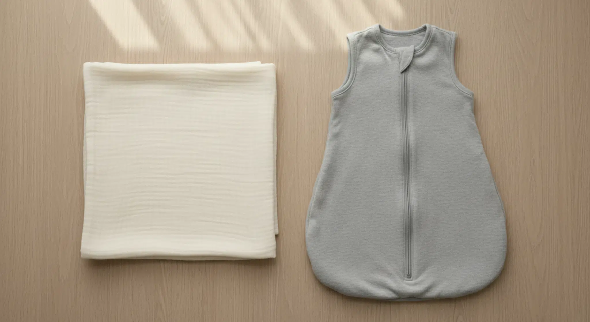 A folded plain swaddle blanket next to a plain sleeveless baby sleep sack laid flat on a changing table