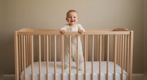 A smiling 12 month old in a sleep sack standing in a bare crib and holding the top rail