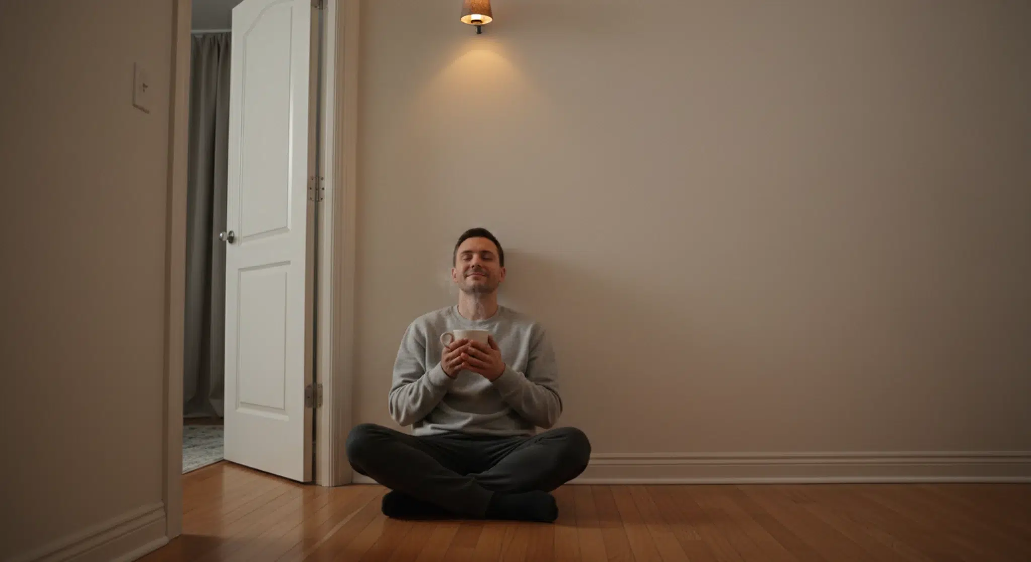 A tired parent sits on a dim hallway floor outside a slightly open nursery door, holding a mug and listening