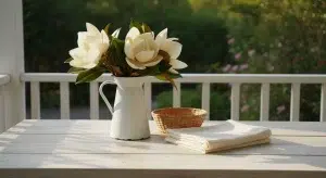 Cream magnolia bouquet in a white pitcher on a sunlit outdoor table, with a small wicker basket and folded towels nearby.