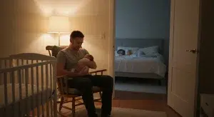 A dad in a gray t-shirt holding a swaddled newborn in a nursery rocking chair at night while mom sleeps in the next room