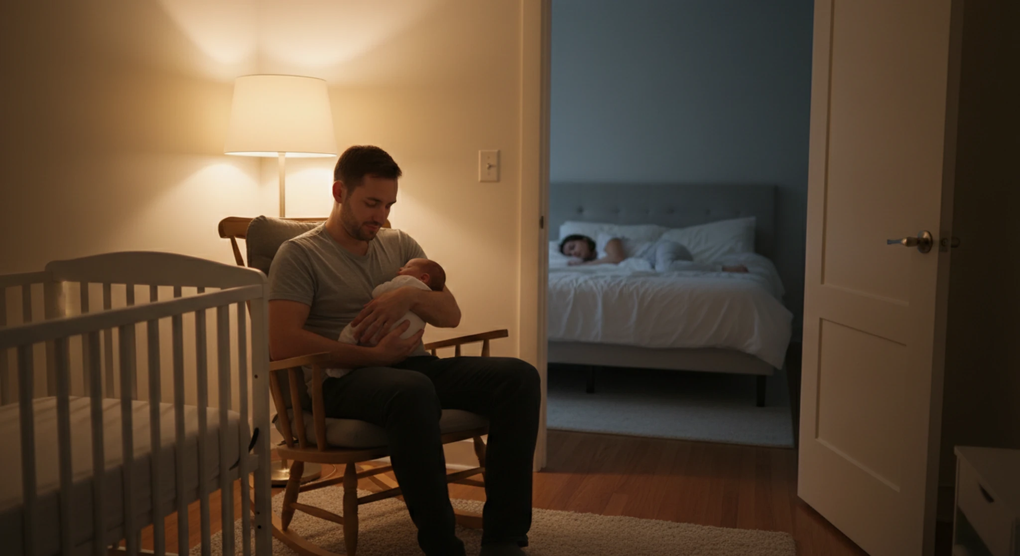 Splitting Night Shifts with a Newborn Schedules That Let Both Parents Sleep | Betteroo A dad in a gray t-shirt holding a swaddled newborn in a nursery rocking chair at night while mom sleeps in the next room