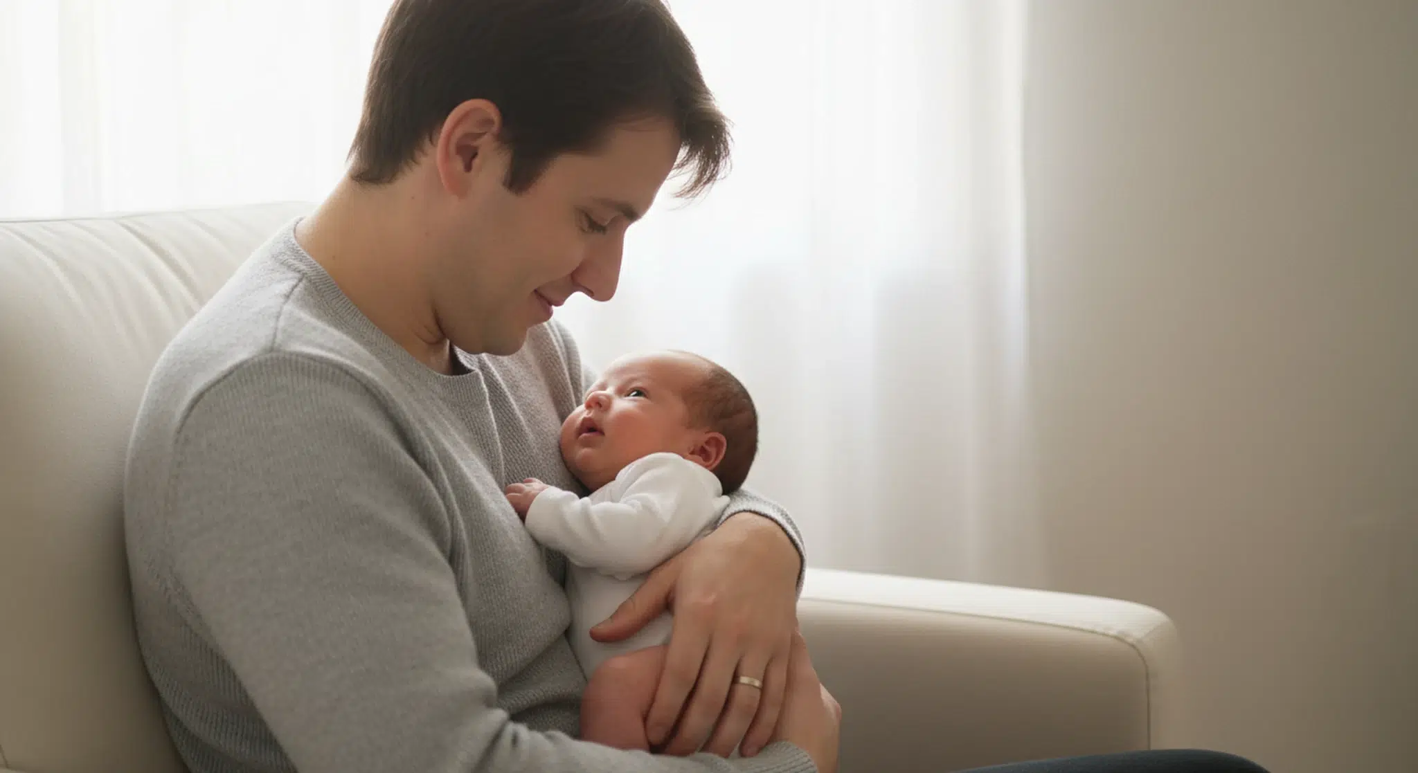 Parent in an armchair holding a calm, awake newborn in soft window light