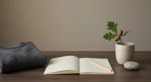 Blank kraft-paper notebook, pencil, a granite stone, an oak sprig with acorns in a stoneware cup and a folded charcoal-gray baby sweater on a walnut table