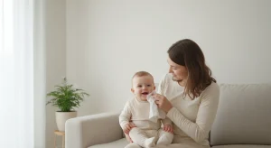 Mother sitting on a light sofa, holding a smiling baby wrapped in a white blanket in a bright living room.