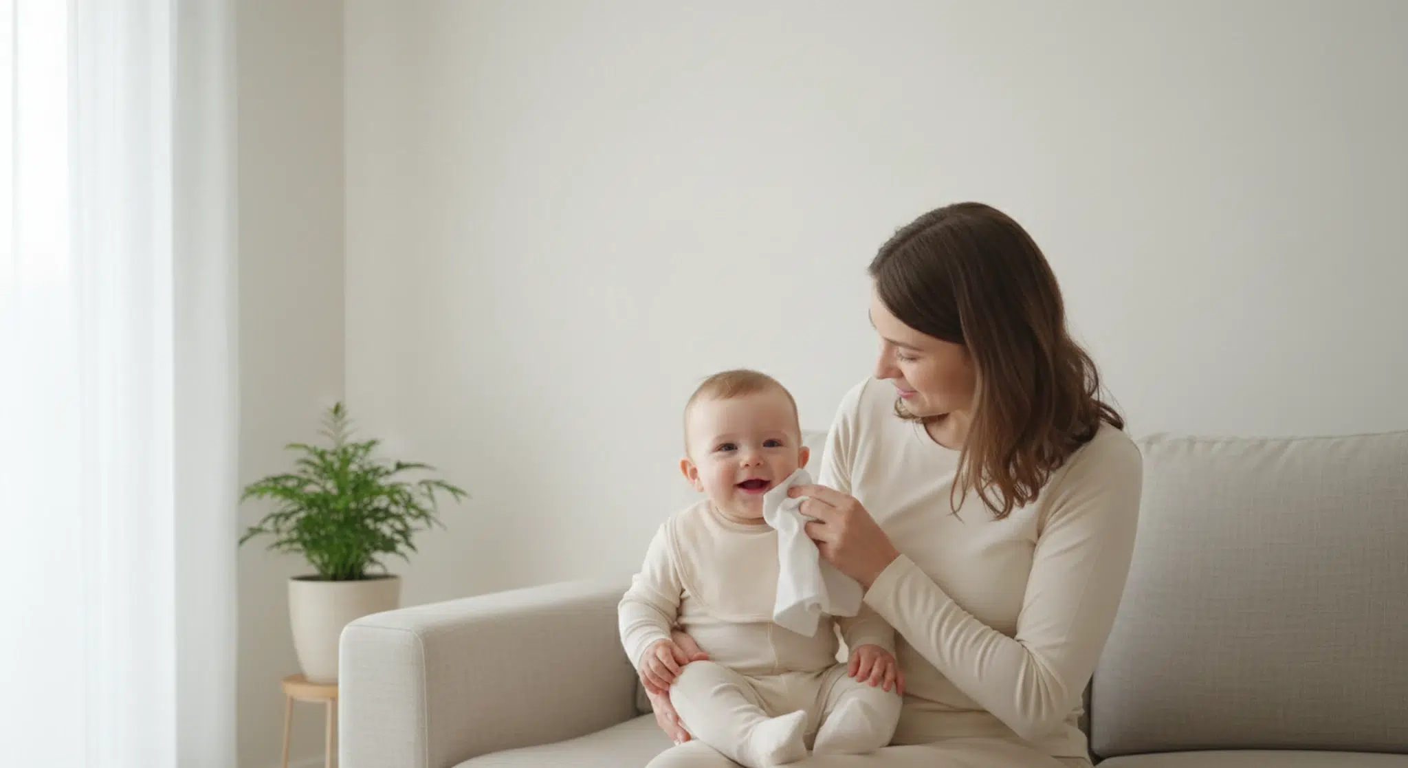Mother sitting on a light sofa, holding a smiling baby wrapped in a white blanket in a bright living room.