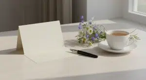 A blank cream card leaning on its envelope beside a fountain pen, a small bunch of wildflowers tied with twine and a cup of tea