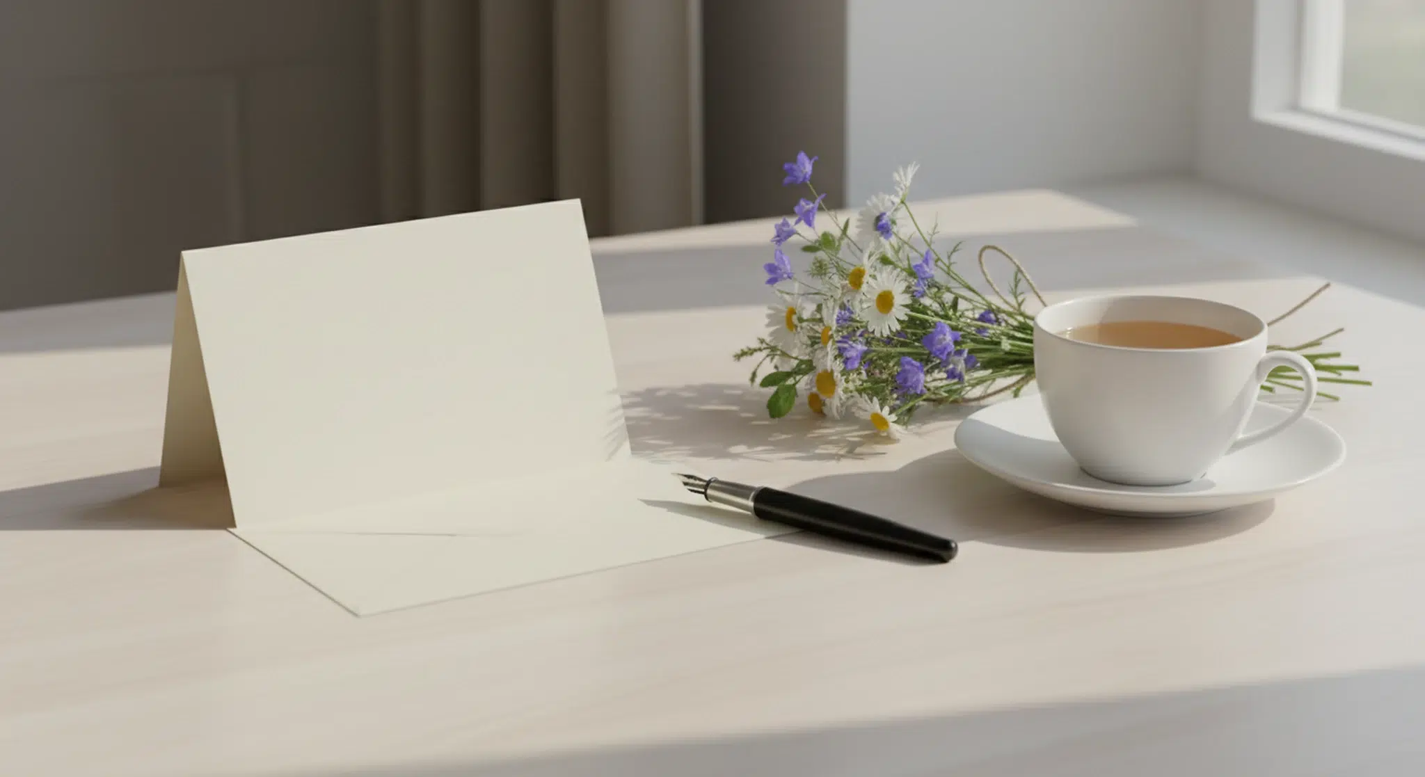 A blank cream card leaning on its envelope beside a fountain pen, a small bunch of wildflowers tied with twine and a cup of tea