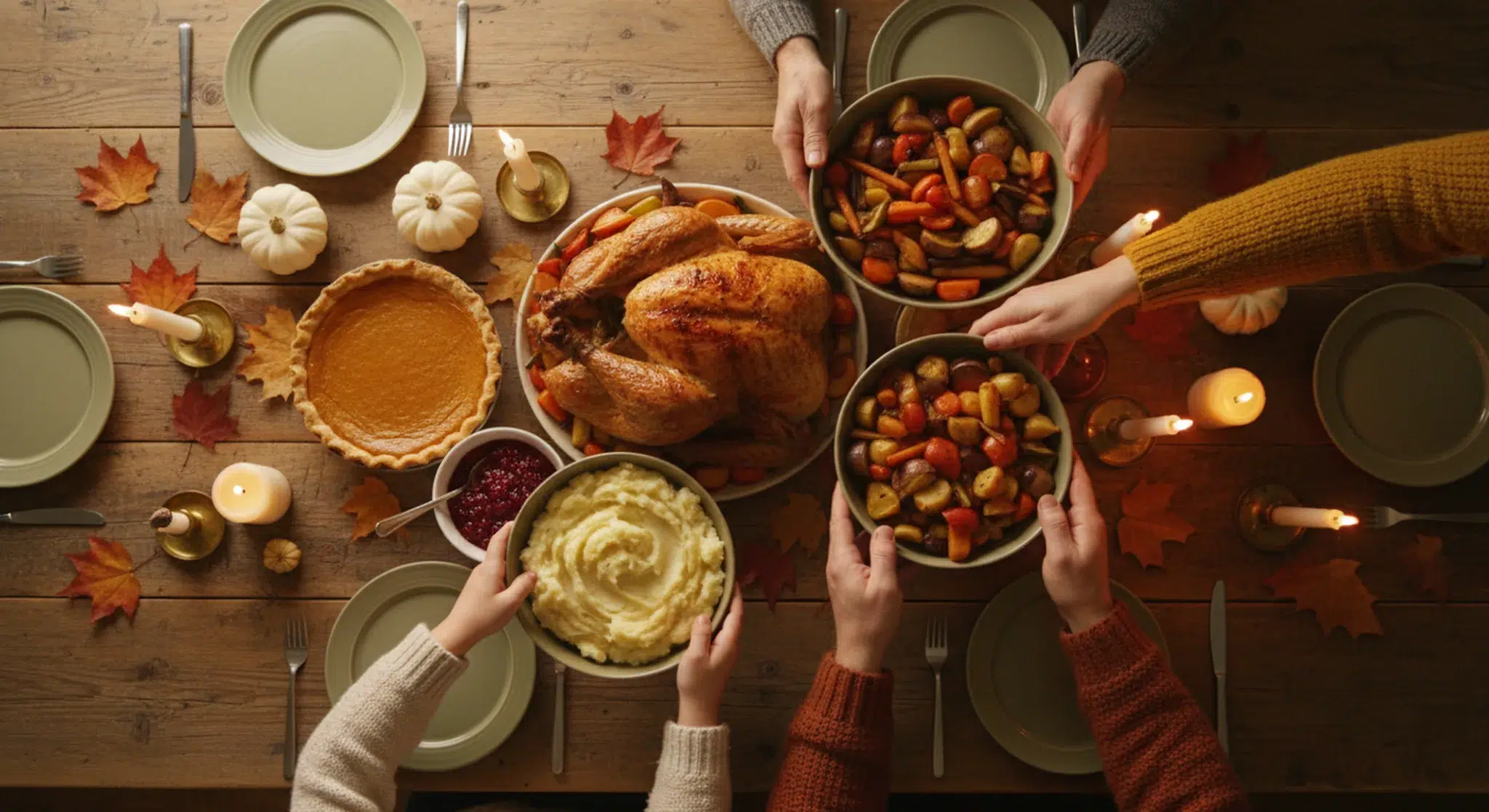 Thanksgiving Captions 66 Short Funny and Grateful Lines for Your Photos | Betteroo A family's hands passing dishes across a candlelit Thanksgiving table with pumpkins and autumn leaves