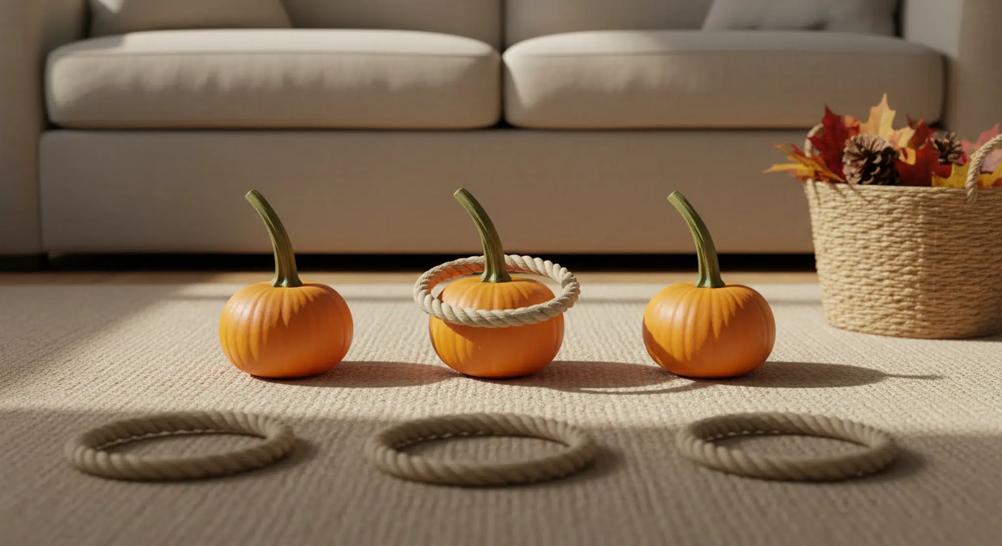 Three small orange pumpkins lined up on a jute rug with rope rings around them for a homemade Thanksgiving ring toss game