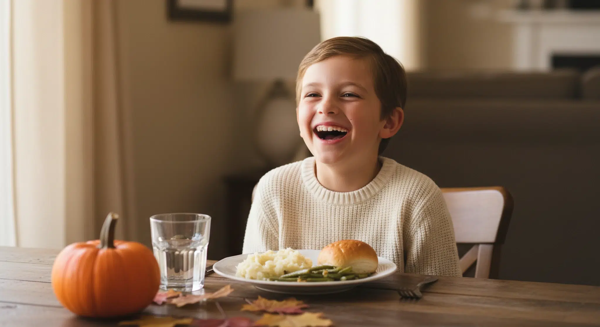 A child laughing at a Thanksgiving dinner table decorated with a small pumpkin and autumn leaves
