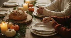 Adult and child with hands folded in prayer at a wooden dinner table set with candles, bread, and small pumpkins