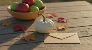A small white pumpkin, colorful fall leaves, a blank kraft-paper envelope and a wooden bowl of apples on a rustic wooden table