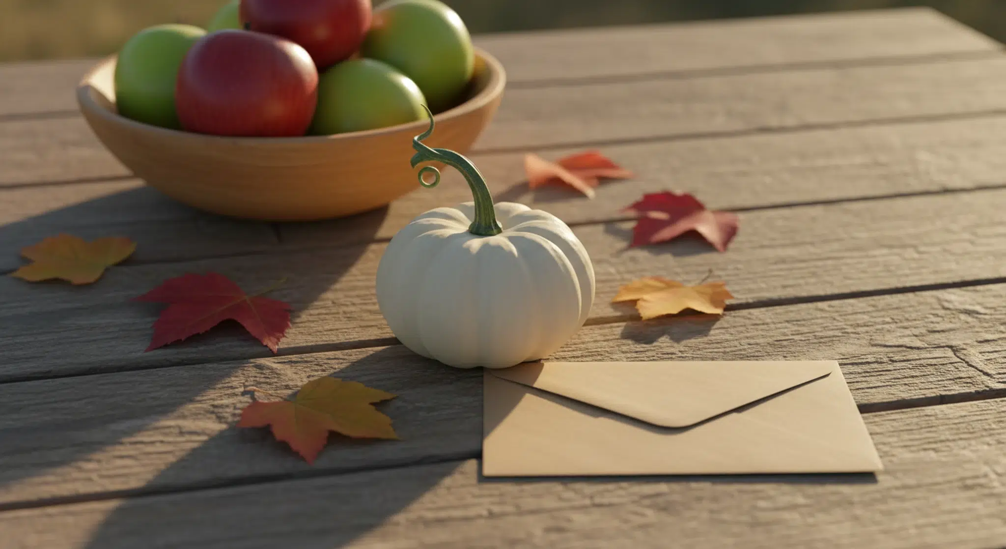 A small white pumpkin, colorful fall leaves, a blank kraft-paper envelope and a wooden bowl of apples on a rustic wooden table
