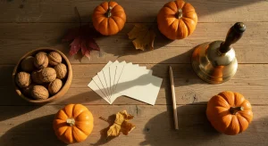Blank index cards, a pencil, a brass hand bell, mini pumpkins, autumn leaves and a bowl of walnuts on a wooden table seen from above