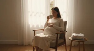Pregnant woman in her third trimester sitting in an armchair by a window with one hand resting on her bump