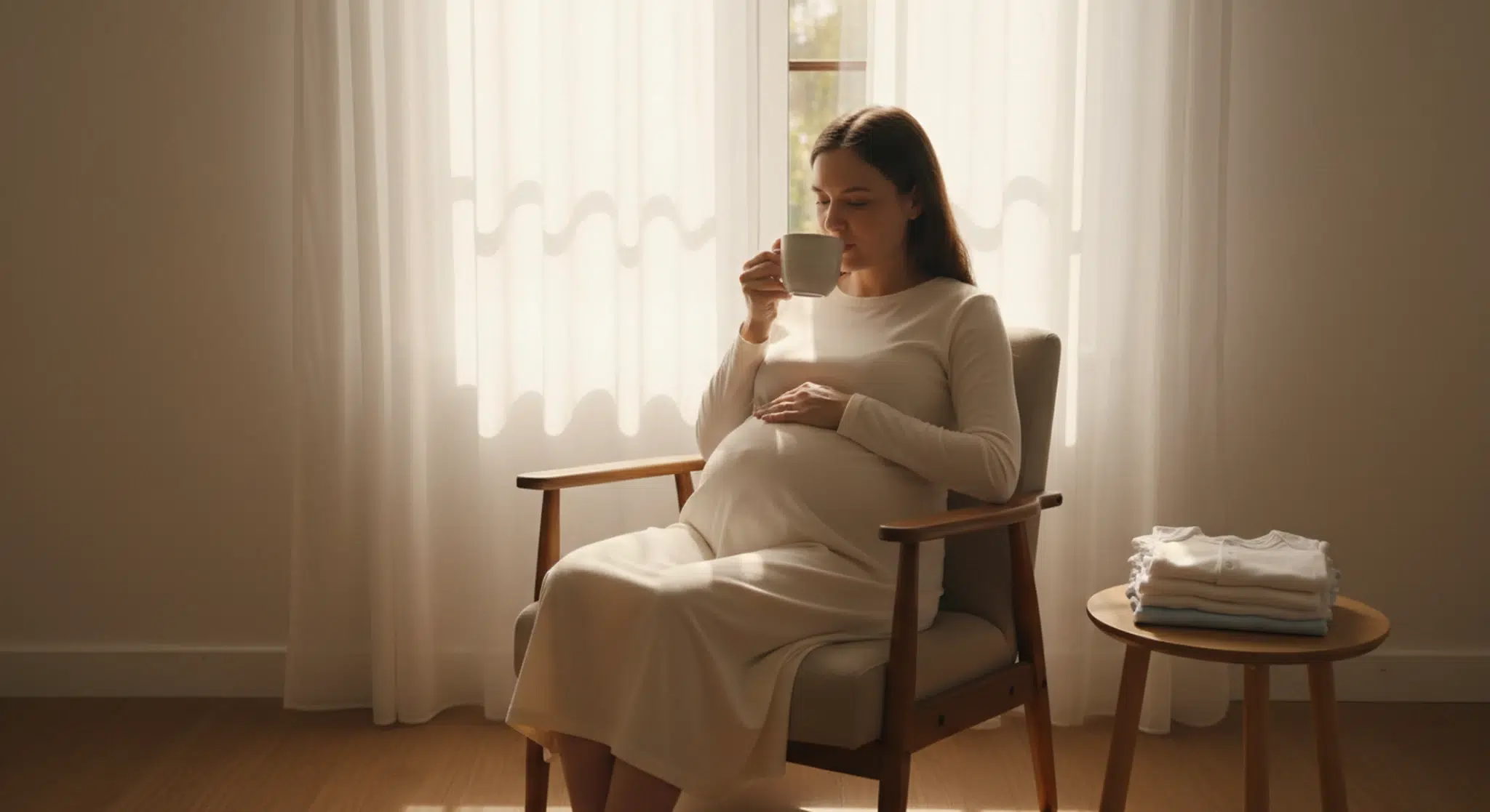 Pregnant woman in her third trimester sitting in an armchair by a window with one hand resting on her bump