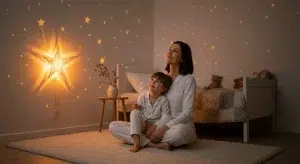 Toddler Afraid of the Dark Why It Happens and How to Help | Betteroo A parent and a young child in pajamas sitting on a bedroom rug at dusk, looking at a soft star-shaped night-light glow on the wall.