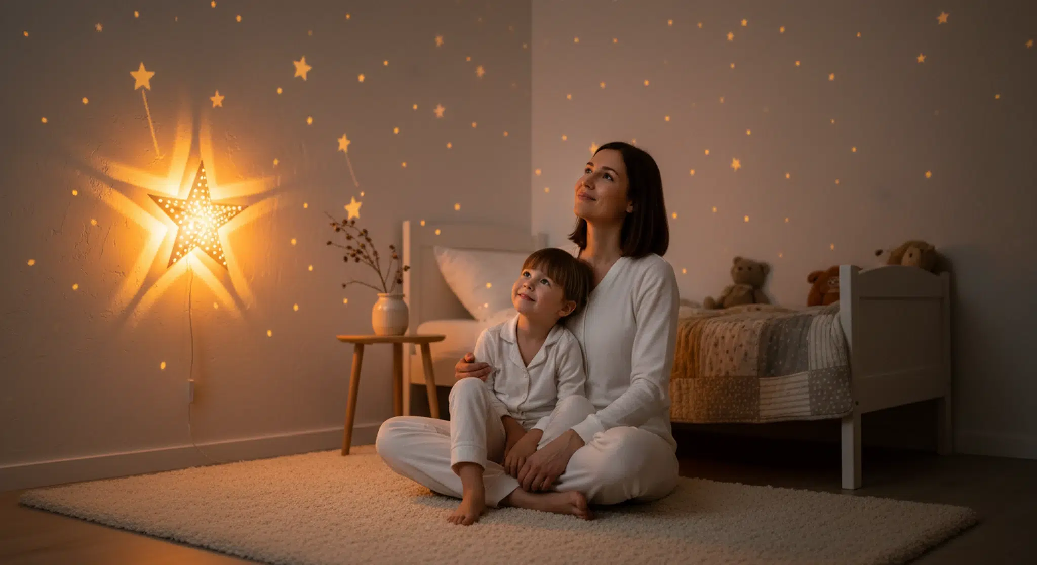 A parent and a young child in pajamas sitting on a bedroom rug at dusk, looking at a soft star-shaped night-light glow on the wall.