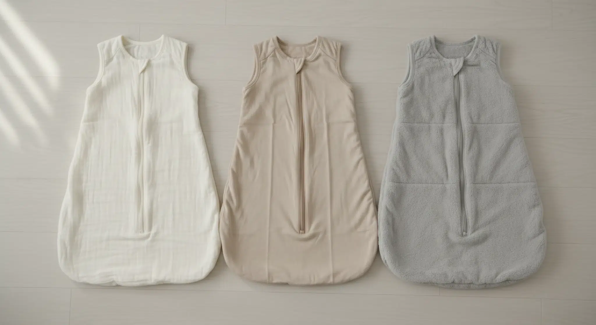 Three plain baby sleep sacks of different thickness laid flat side by side on a light wooden surface