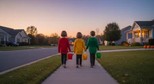 Three children seen from behind walking on a sidewalk at dusk in red, yellow and green tops as a traffic light trio