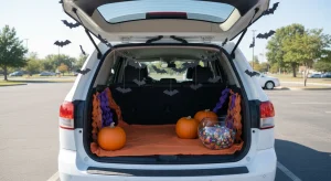 Open SUV trunk decorated with paper bats, orange and purple streamers, pumpkins and a bowl of wrapped candy for trunk or treat