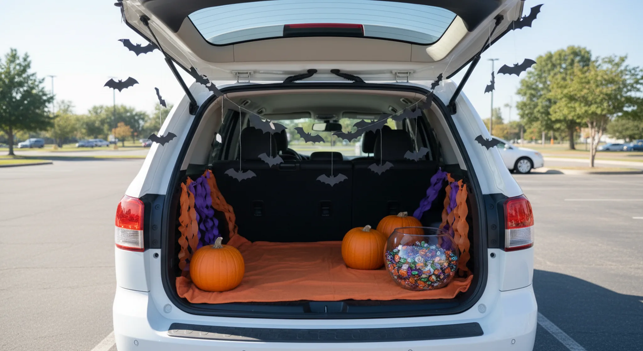 Open SUV trunk decorated with paper bats, orange and purple streamers, pumpkins and a bowl of wrapped candy for trunk or treat