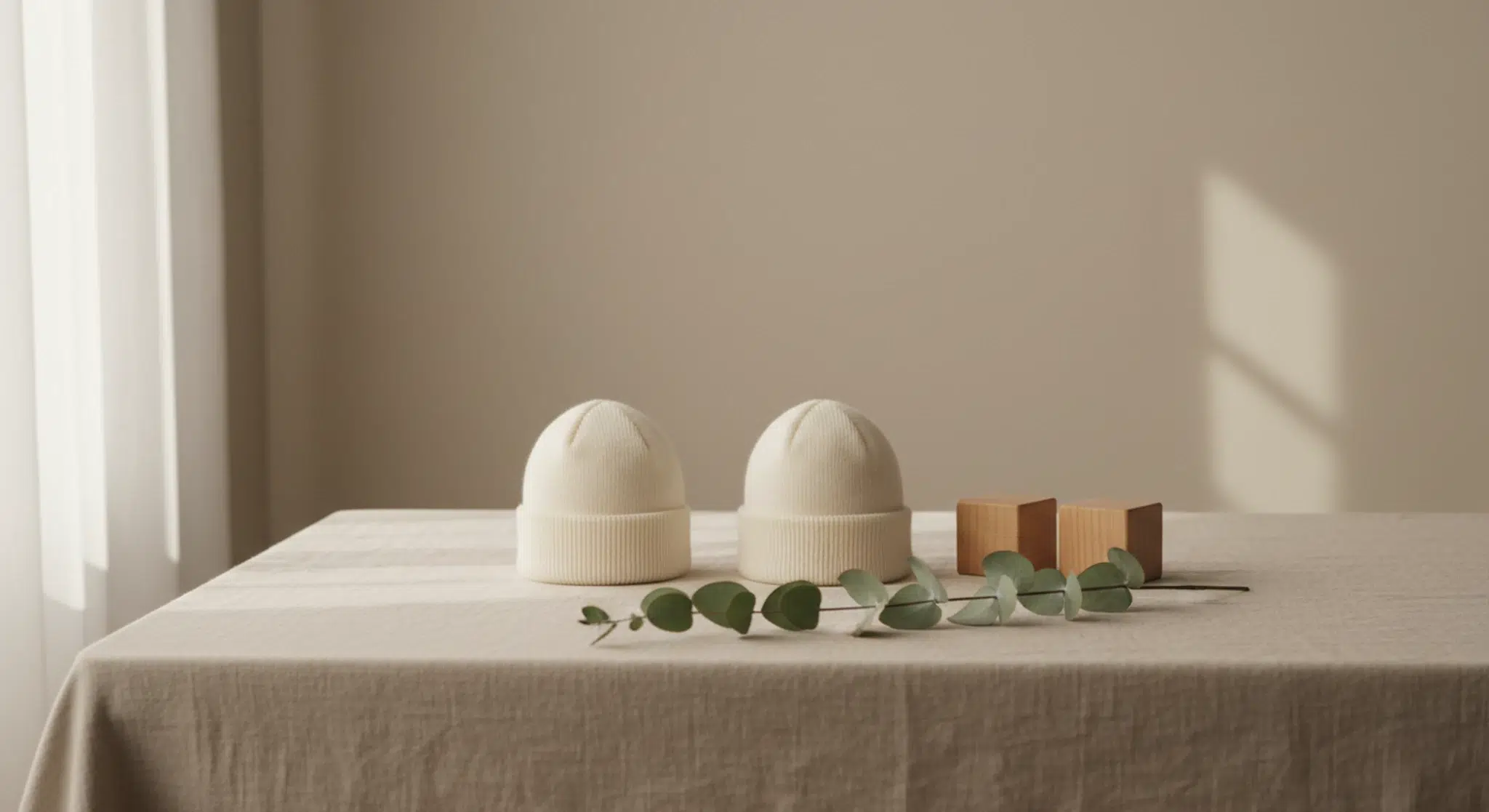 Two identical cream knit baby hats side by side with two plain wooden blocks and a eucalyptus sprig on a linen tablecloth