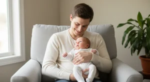 Parent in an armchair cradling an awake newborn in a plain white sleeper in soft window light